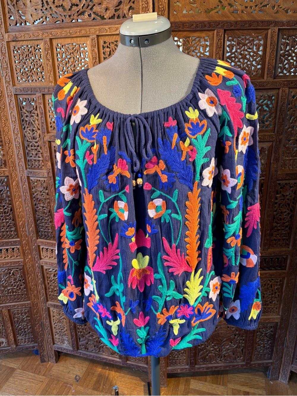 Navy Floral Embroidered Peasant Top